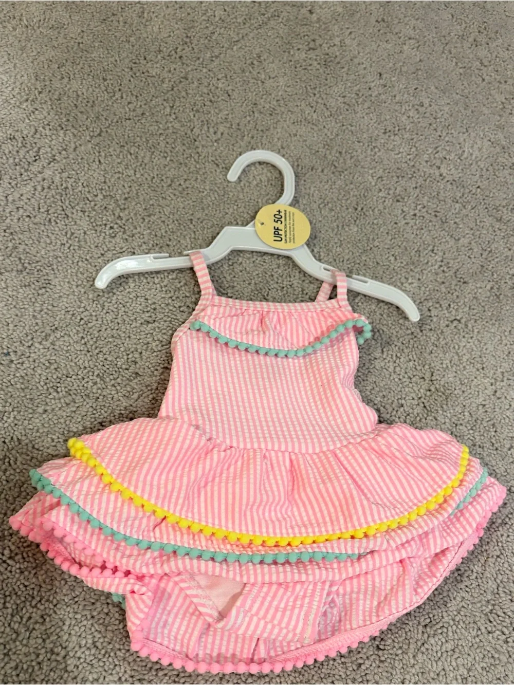 Girls Pink Striped Seersucker Ruffle Swim Dress with Pom Trim NWT - 3 MO